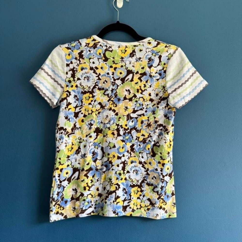 Y2K Floral V Neck Women's Size Small Liz Claiborne Cotton Stripe Yellow Blue - Picture 2 of 8